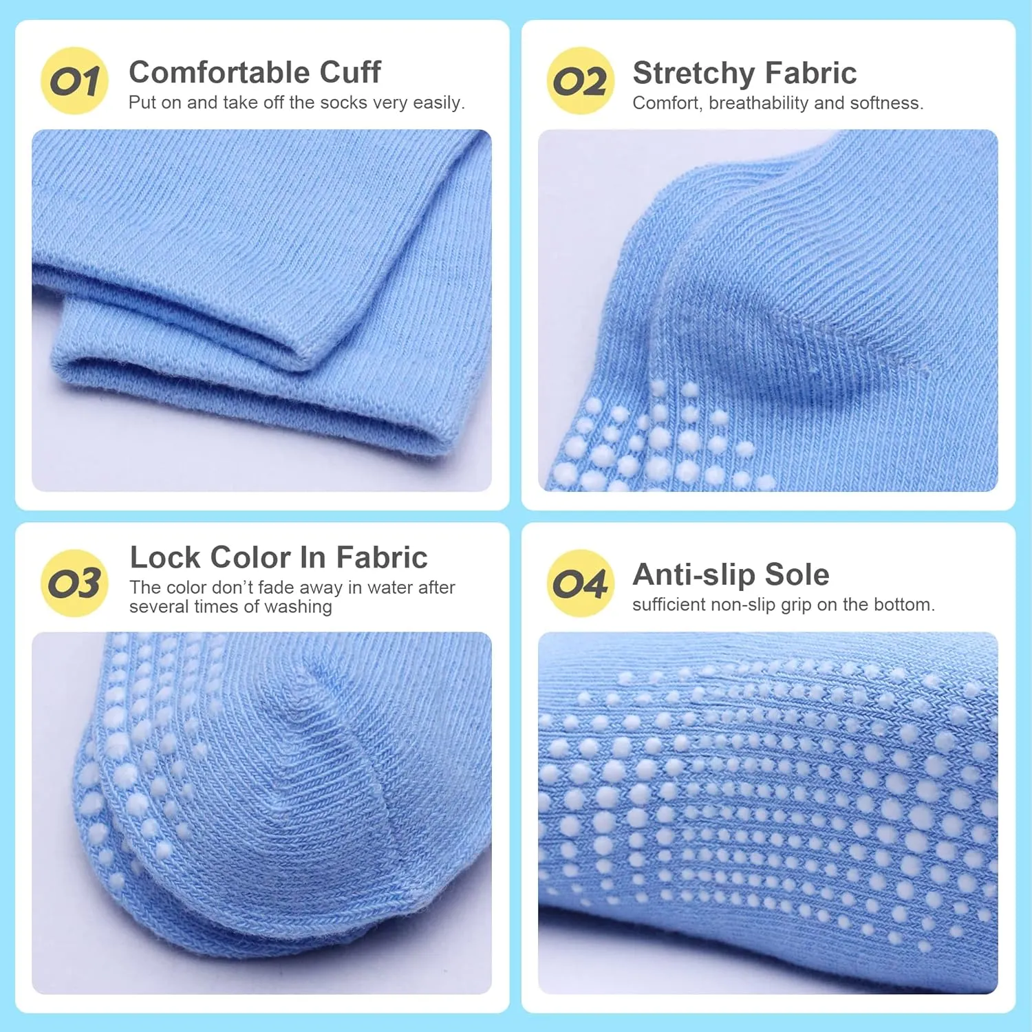12 Pack Non Slip Kids Toddler Baby Socks with Grips for 1-7 Years Boys Girls Cotton Crew Socks Multi Colors