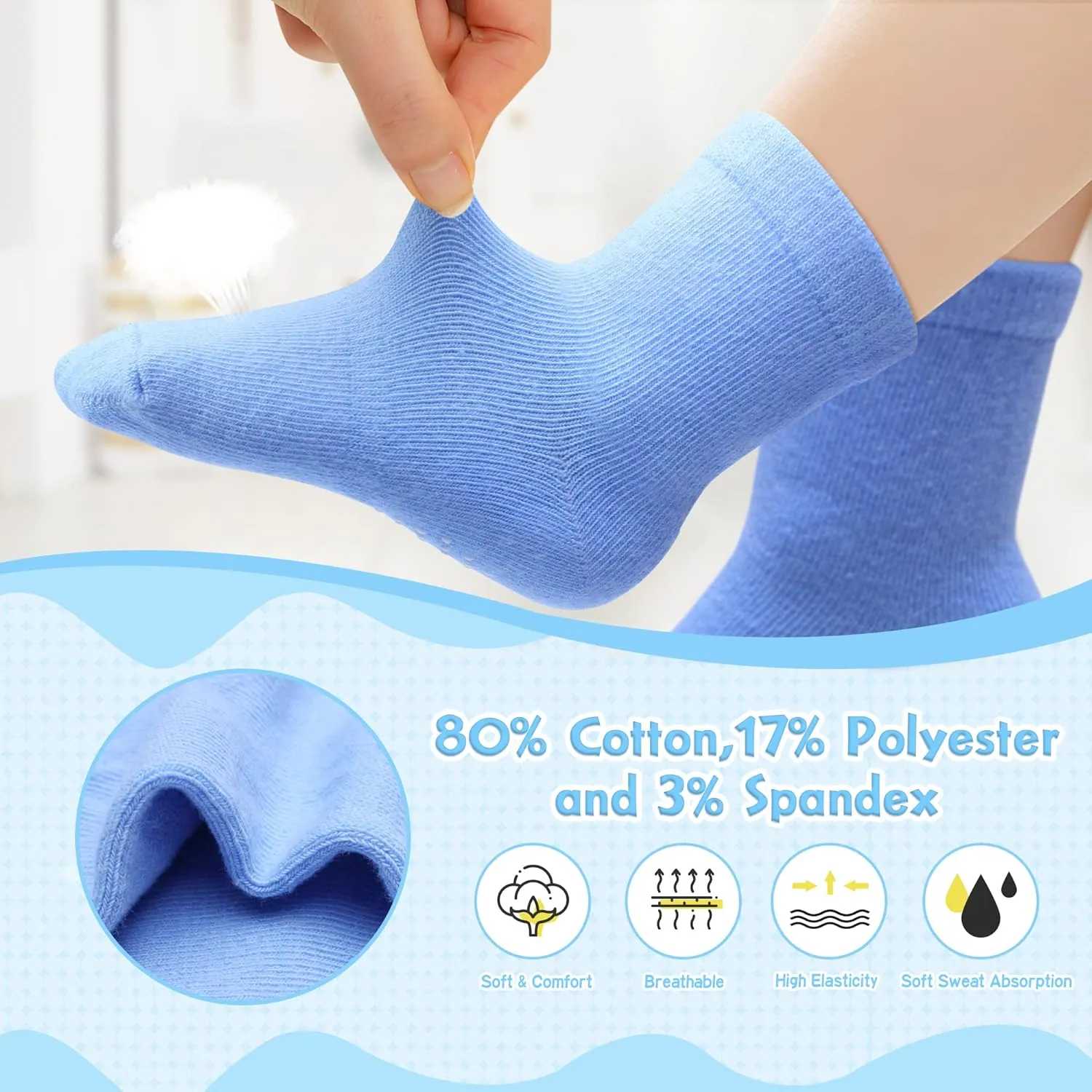 12 Pack Non Slip Kids Toddler Baby Socks with Grips for 1-7 Years Boys Girls Cotton Crew Socks Multi Colors
