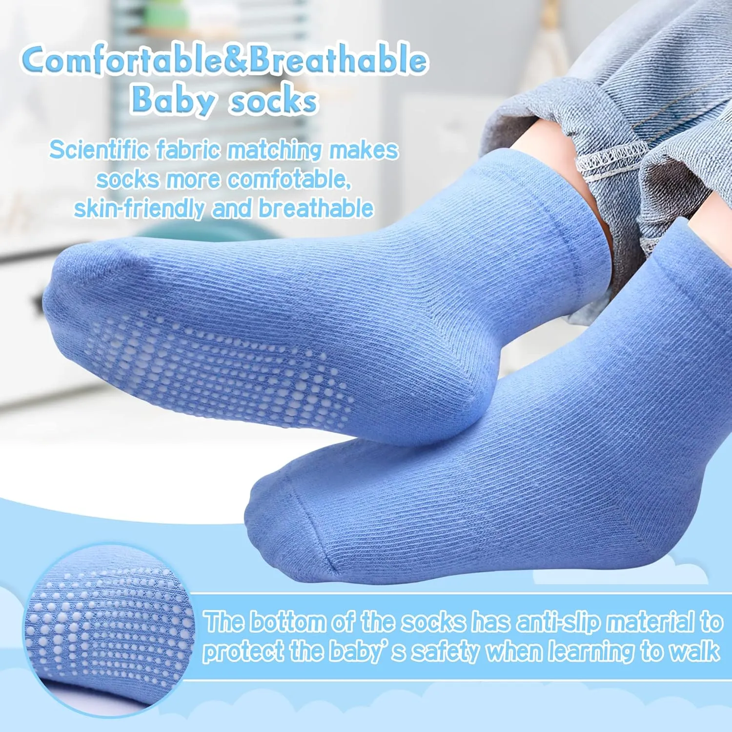 12 Pack Non Slip Kids Toddler Baby Socks with Grips for 1-7 Years Boys Girls Cotton Crew Socks Multi Colors