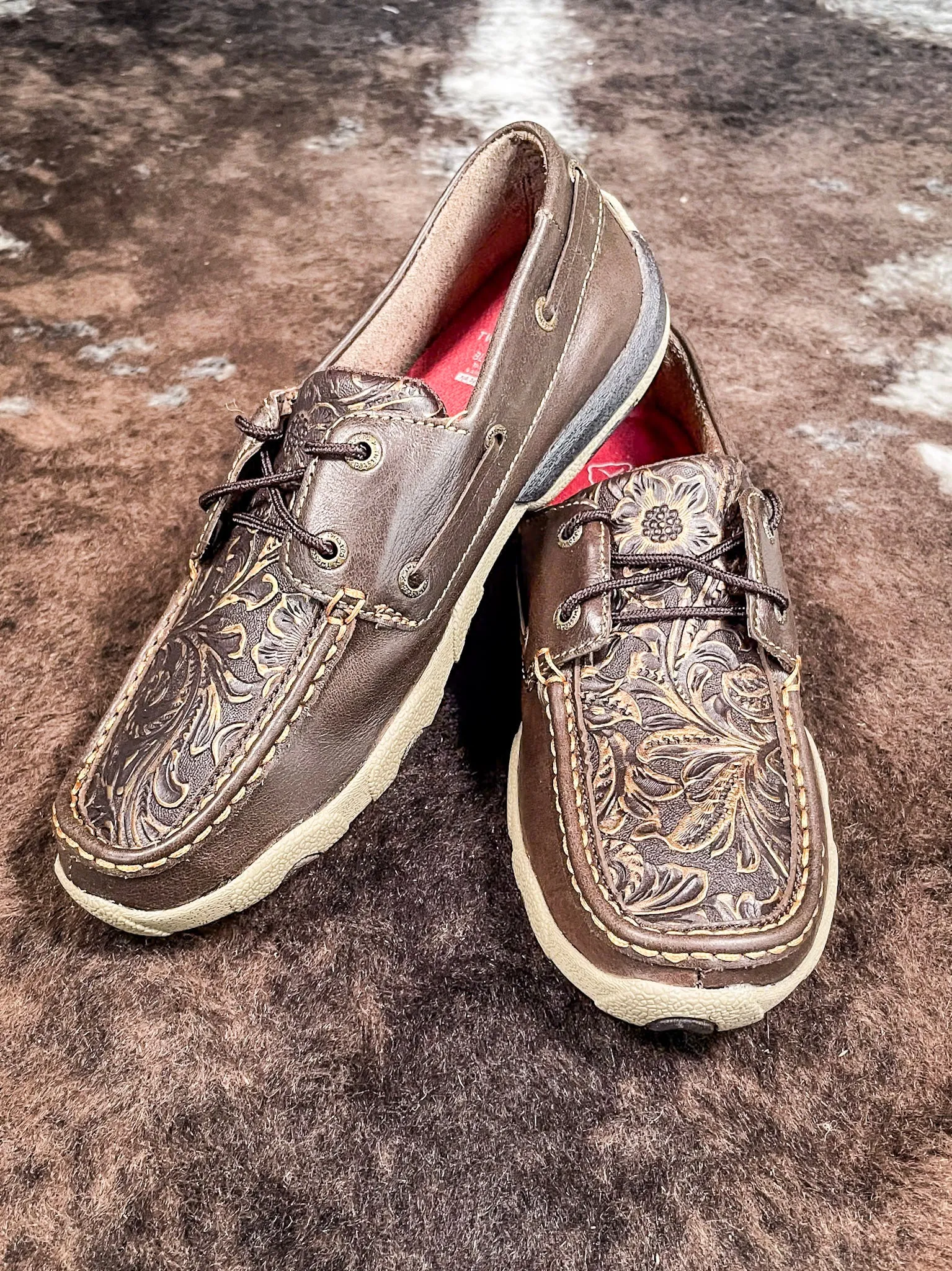 Adrienne Twisted X Boat Shoe Driving Moc - Brown & Embossed Flower