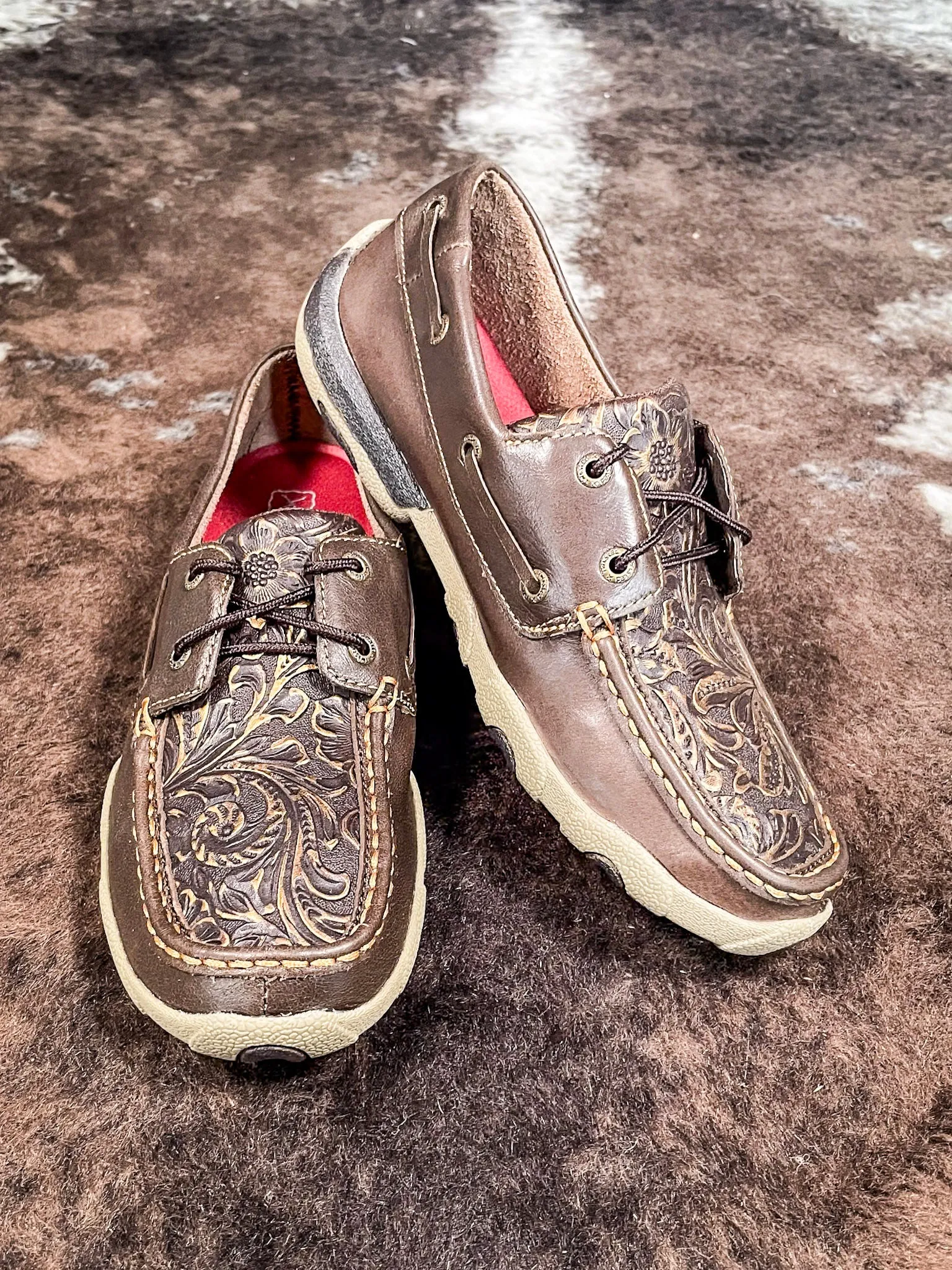 Adrienne Twisted X Boat Shoe Driving Moc - Brown & Embossed Flower
