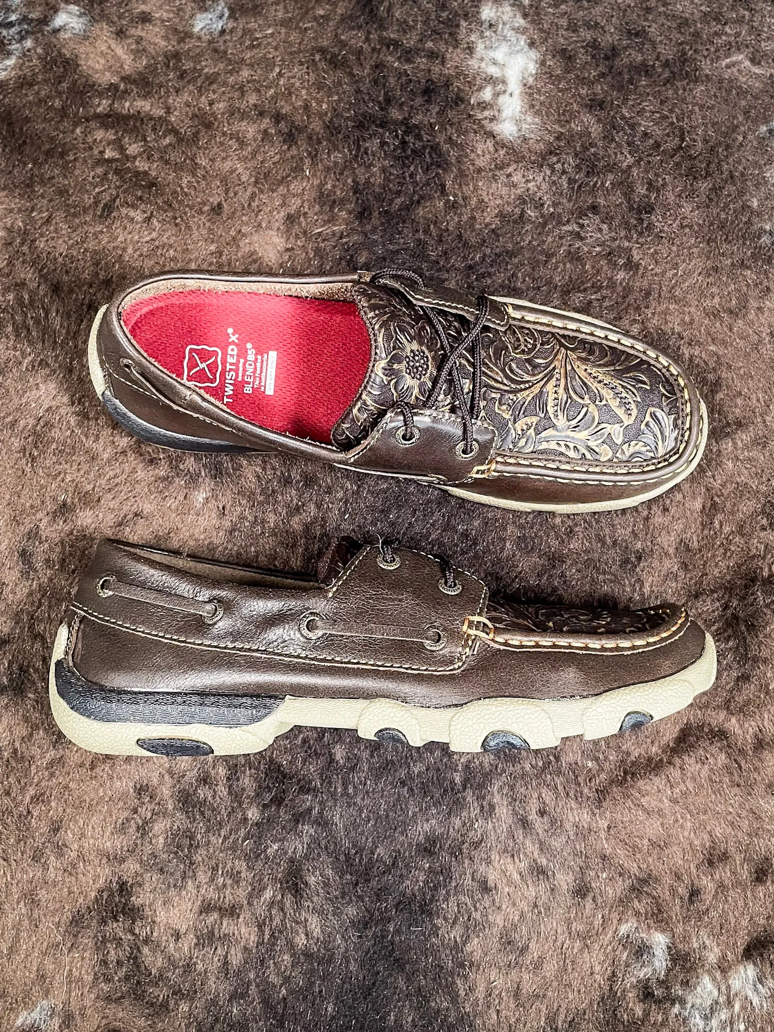 Adrienne Twisted X Boat Shoe Driving Moc - Brown & Embossed Flower