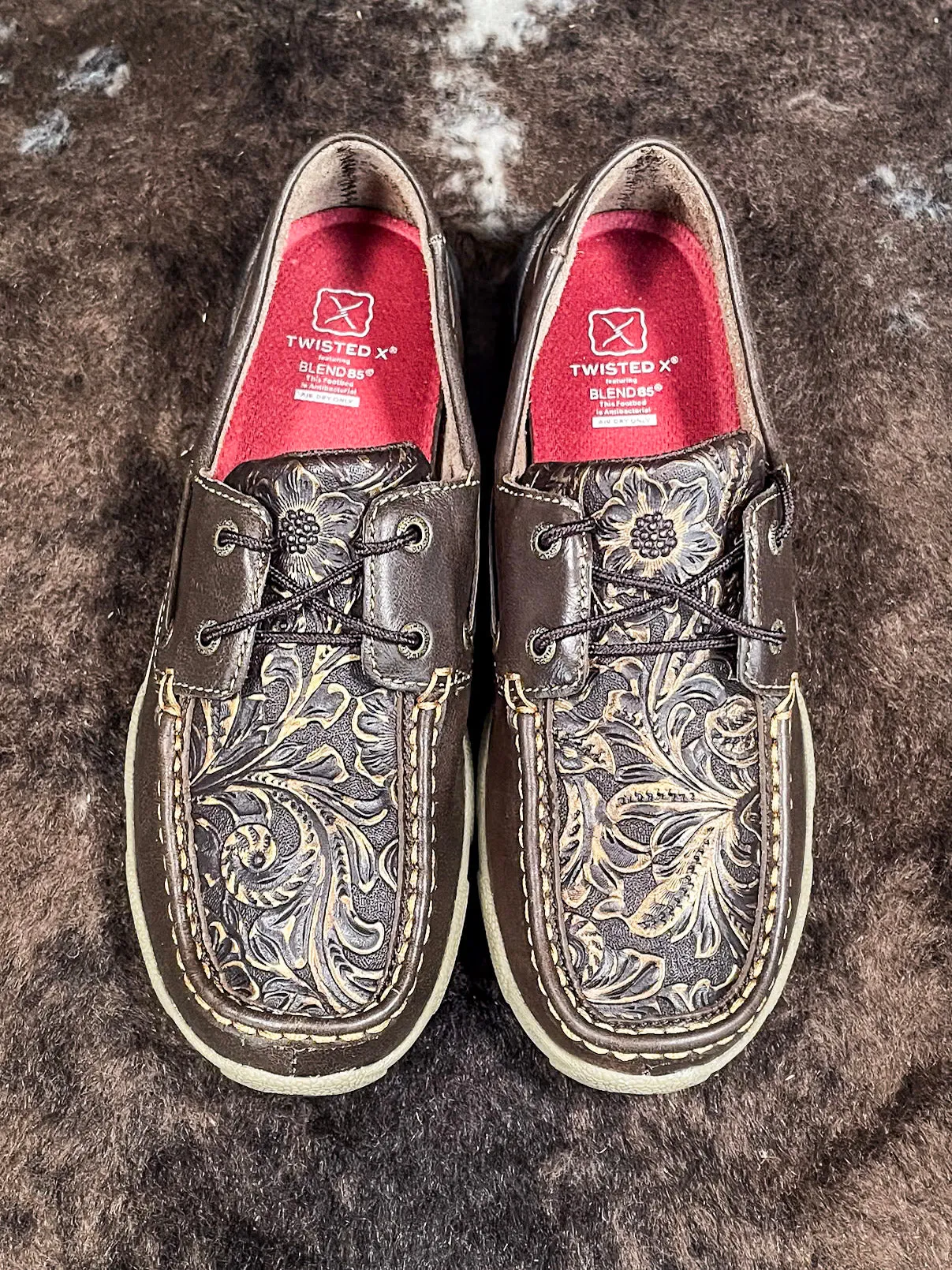 Adrienne Twisted X Boat Shoe Driving Moc - Brown & Embossed Flower