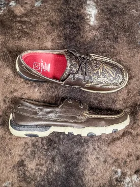 Adrienne Twisted X Boat Shoe Driving Moc - Brown & Embossed Flower