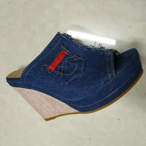 Audrey - Open Toe Denim Wedge Sandals