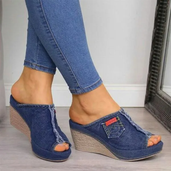Audrey - Open Toe Denim Wedge Sandals