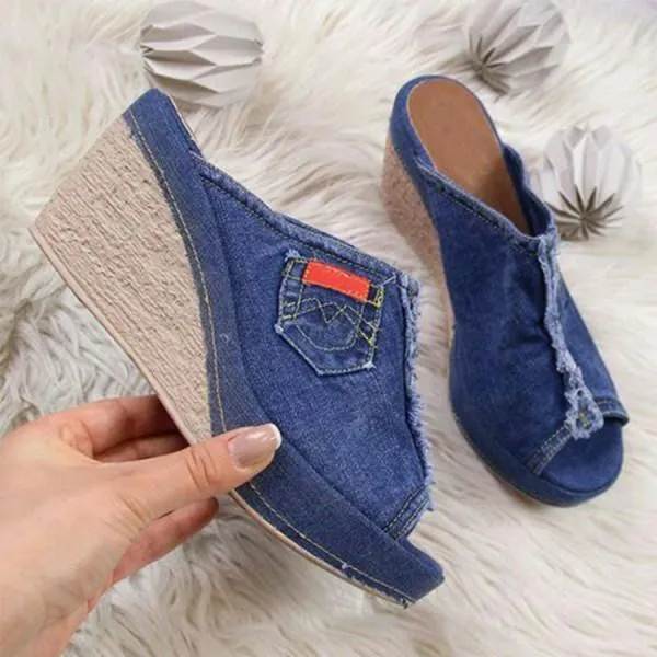 Audrey - Open Toe Denim Wedge Sandals