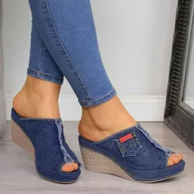 Audrey - Open Toe Denim Wedge Sandals