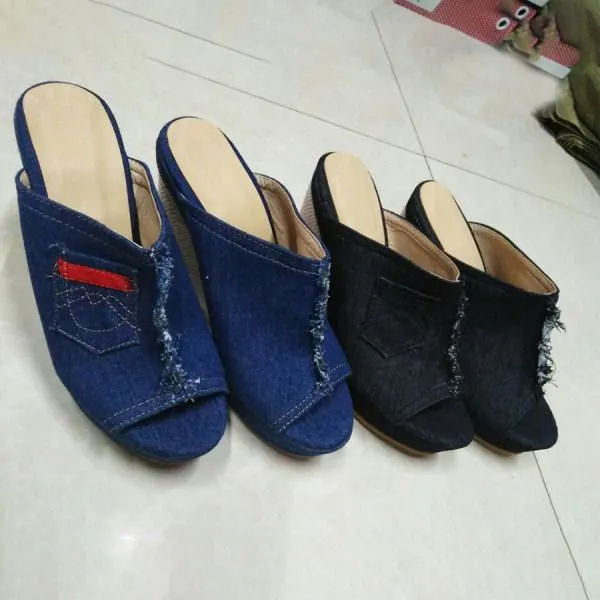 Audrey - Open Toe Denim Wedge Sandals