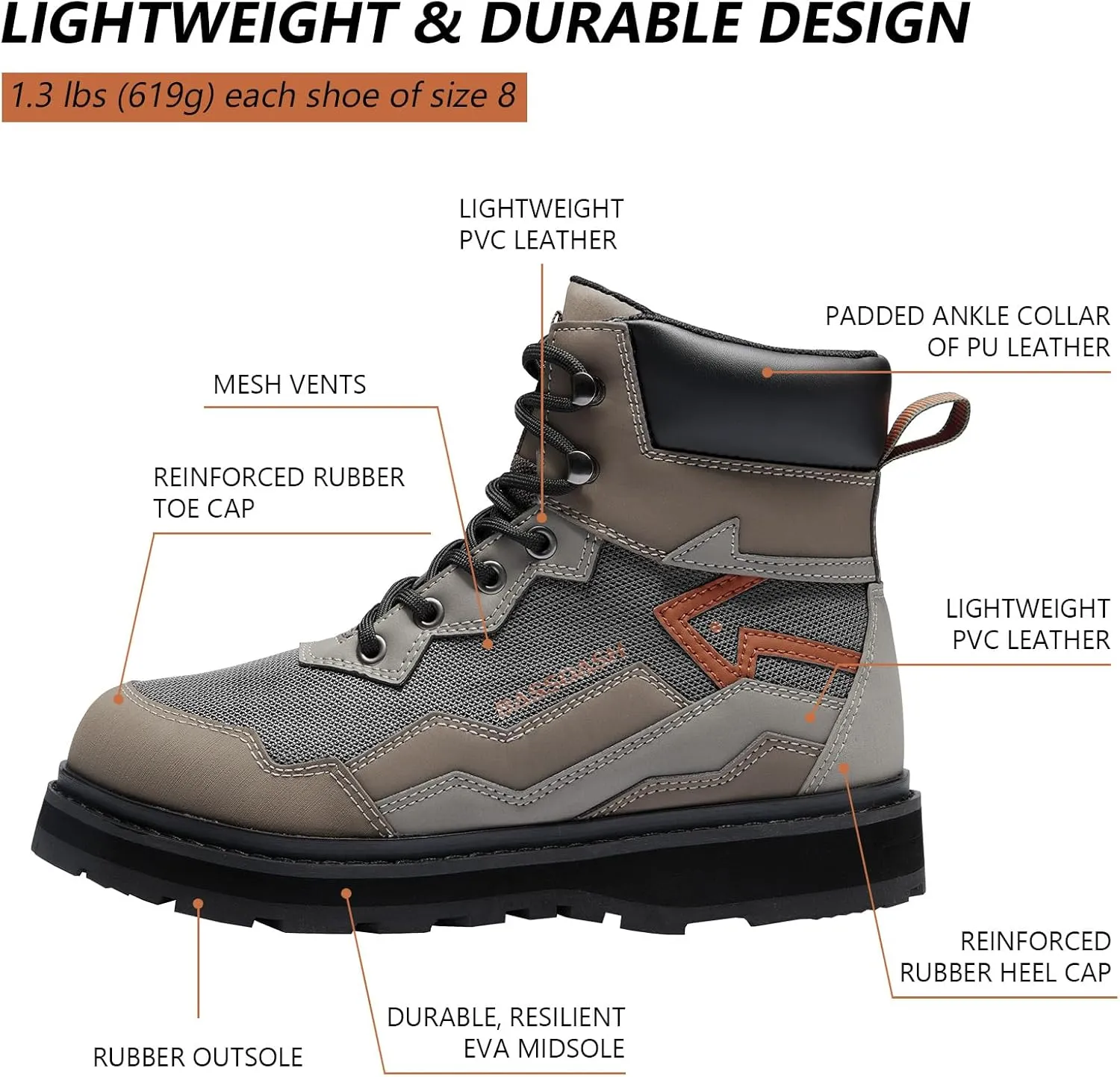 BASSDASH IMMERSE Mens Wading Boots Breathable Mesh Lightweight Anti-Slip Rubber Sole for Fly Fishing
