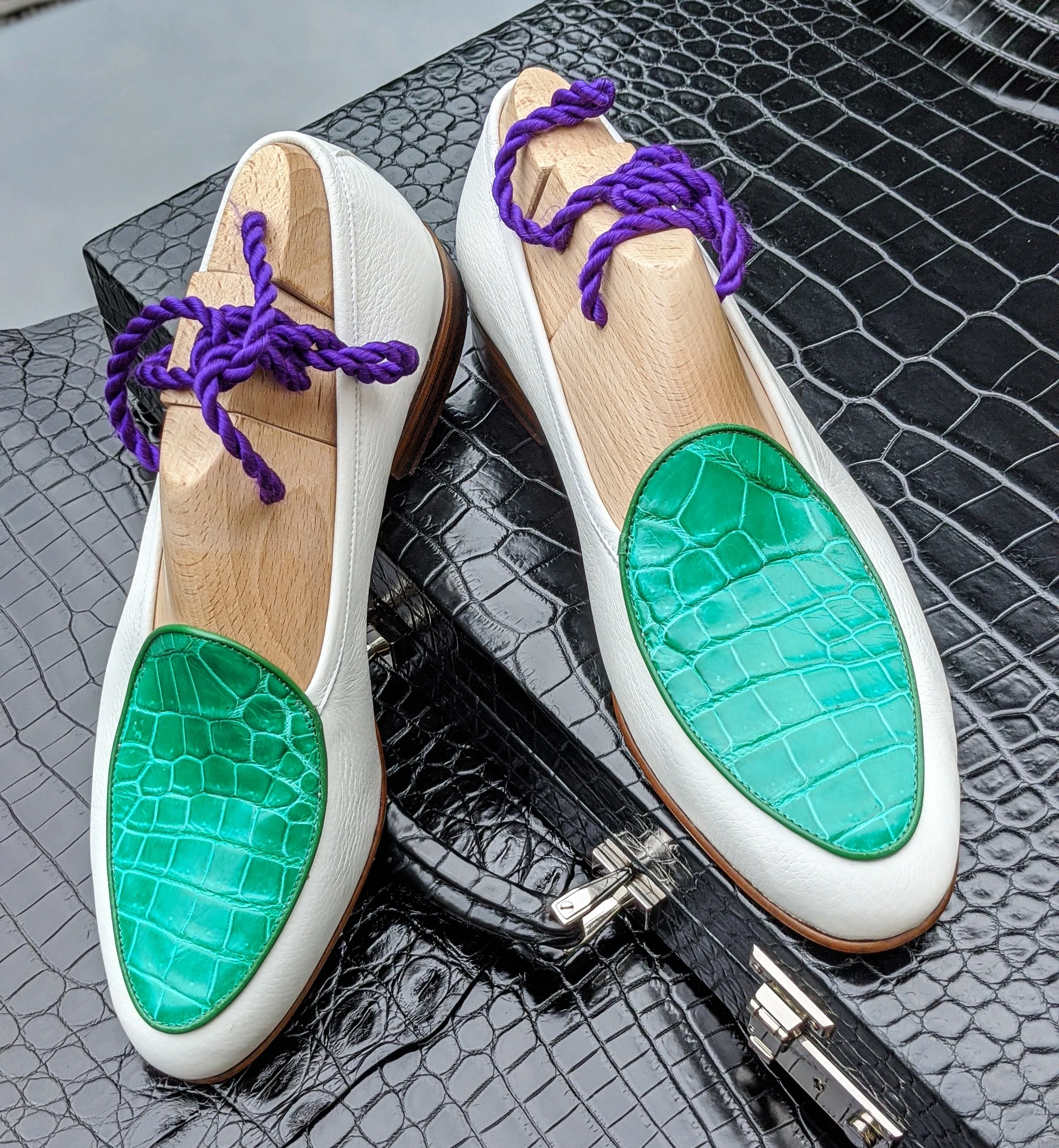 Belgian Loafer - White Deer & Bright Green Crocodile