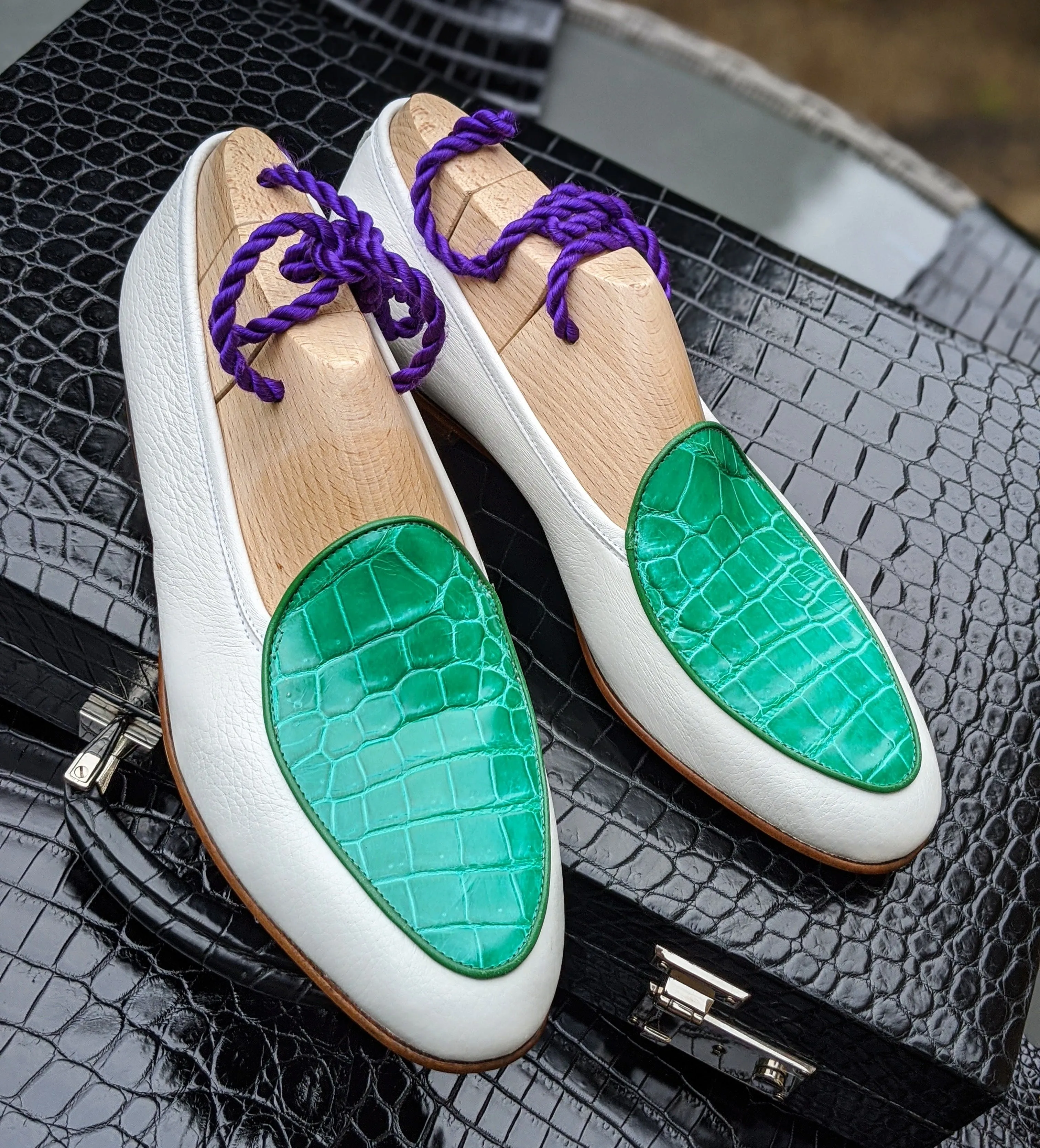 Belgian Loafer - White Deer & Bright Green Crocodile