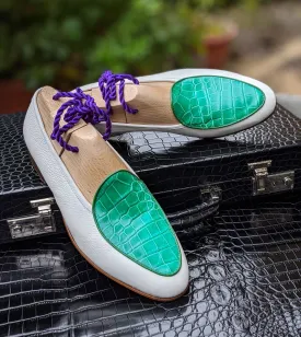 Belgian Loafer - White Deer & Bright Green Crocodile