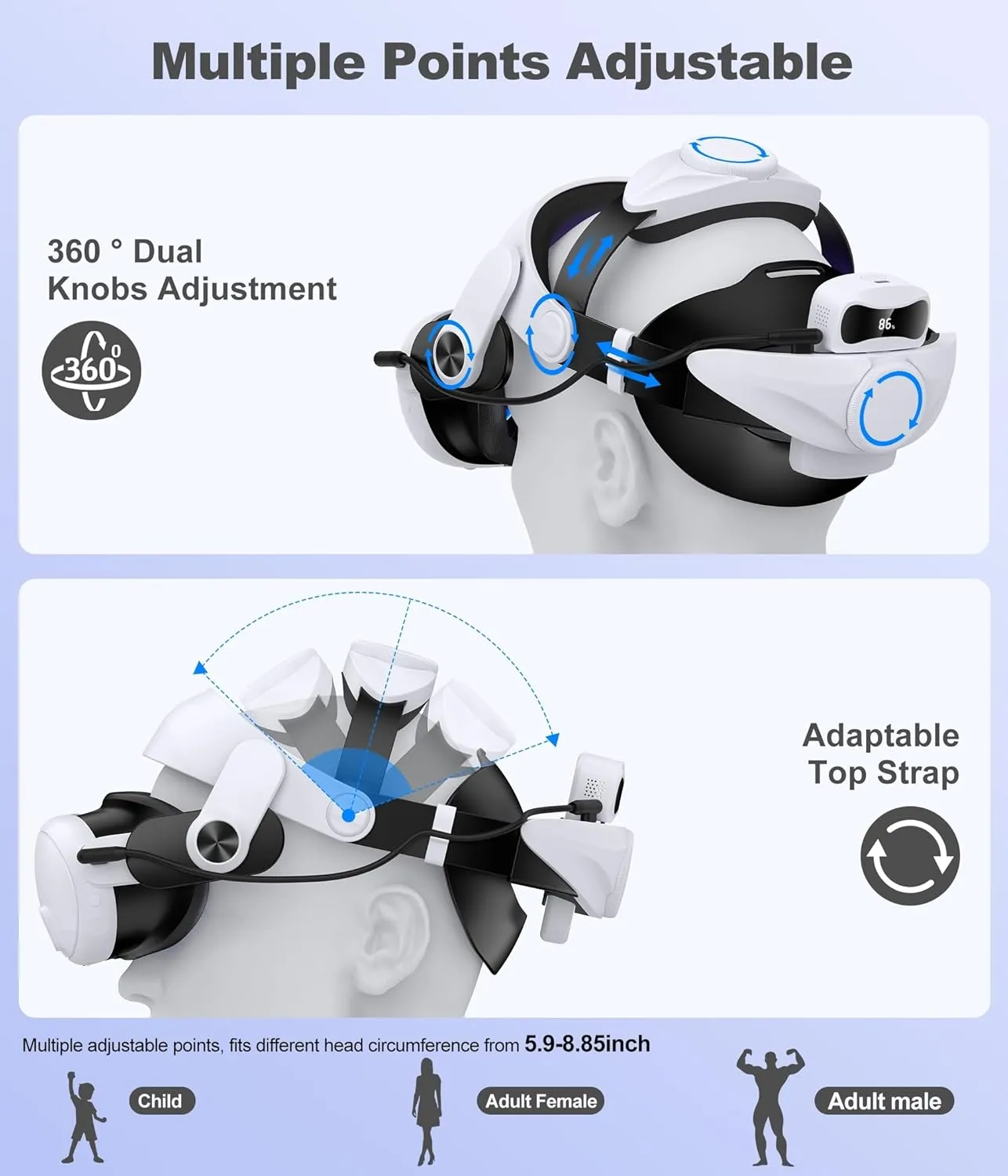 Kawaye Battery Head Strap for Meta Quest 3S/3/2,Elite Strap with 2x7500mAh Battery Pack&Charge Station, VR Headset Strap Enhanced Support&Comfort Extend 6-8H Playtime for Oculus Head Strap