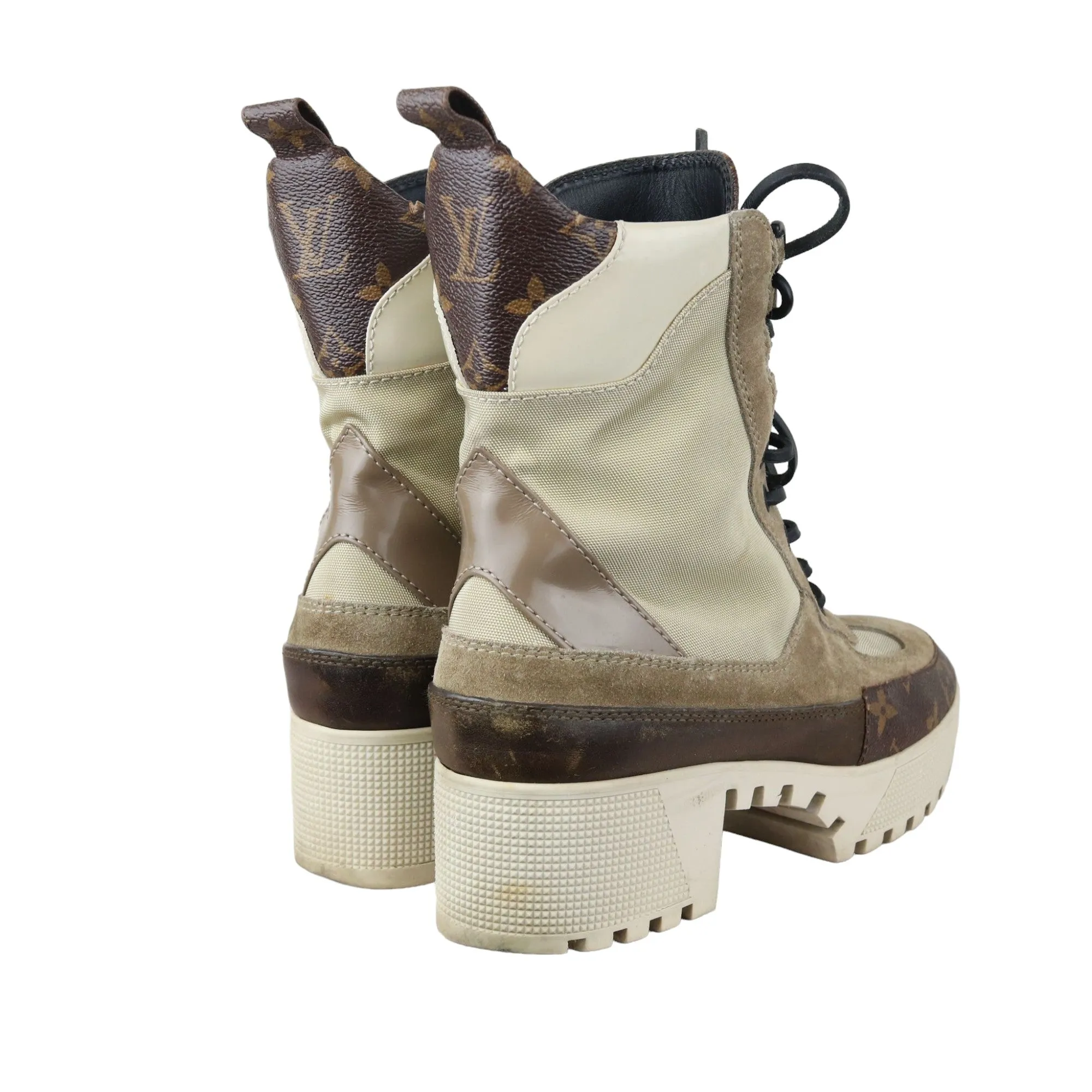 Laureate Platform Desert Boots Suede Calfskin Monogram Beige Size 38