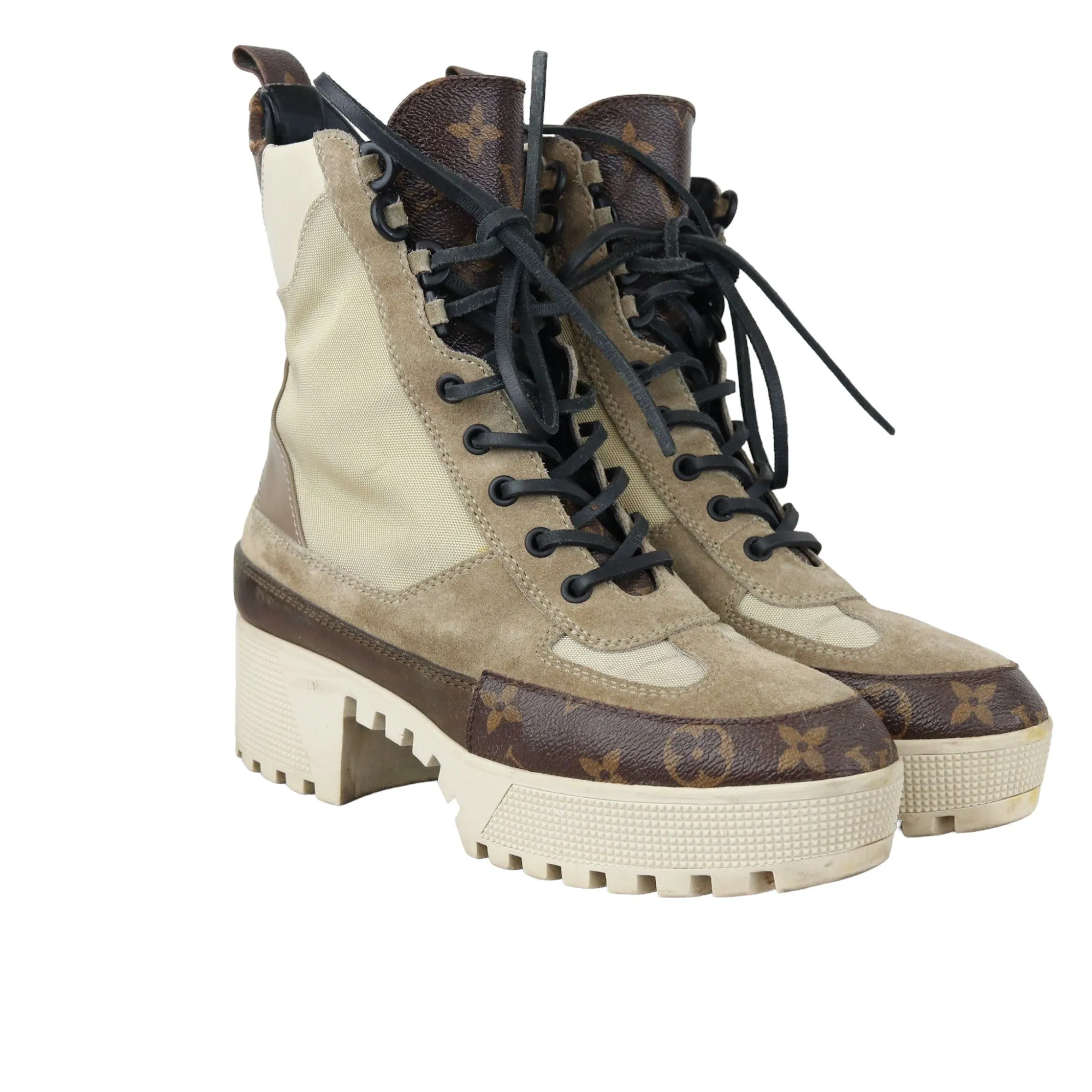 Laureate Platform Desert Boots Suede Calfskin Monogram Beige Size 38