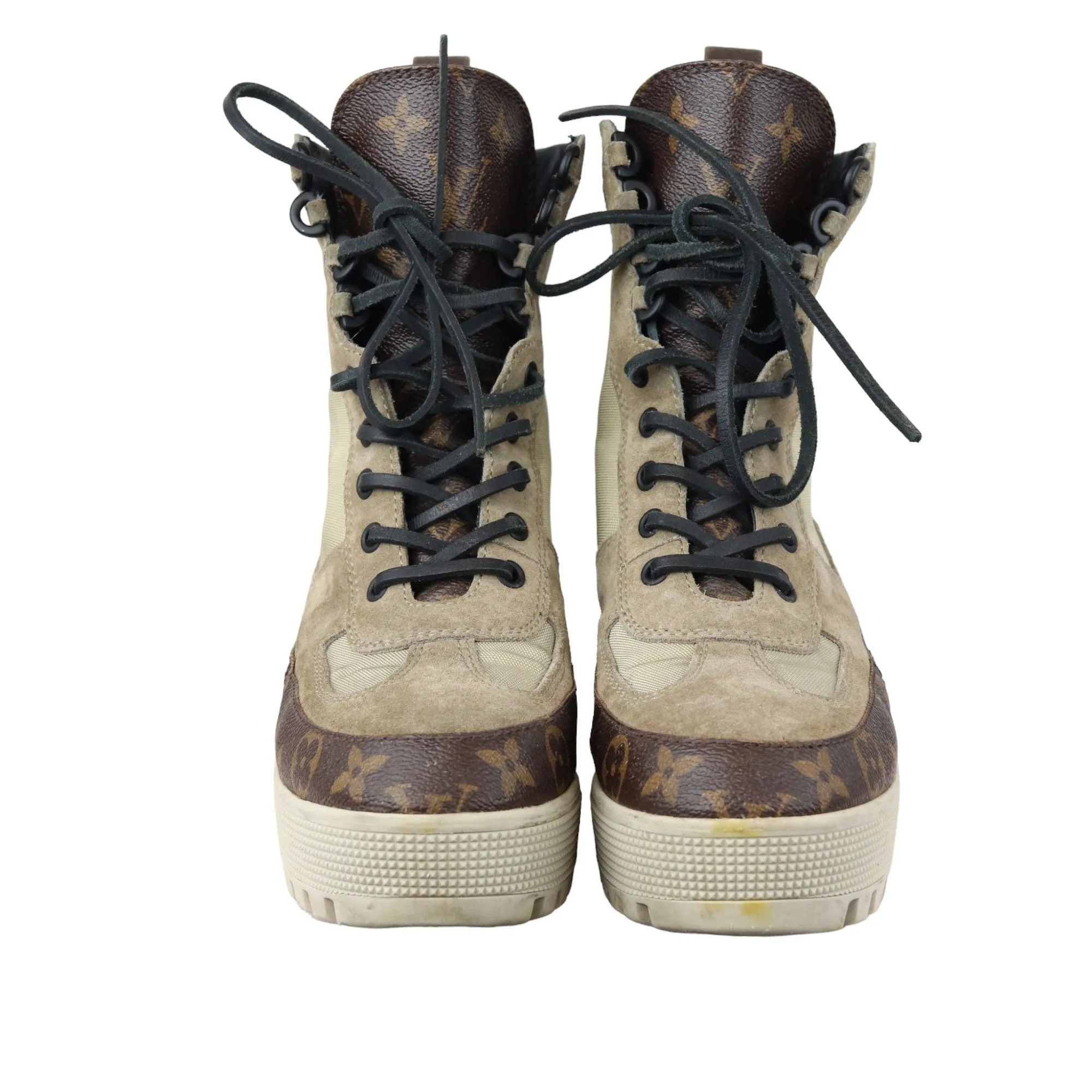 Laureate Platform Desert Boots Suede Calfskin Monogram Beige Size 38