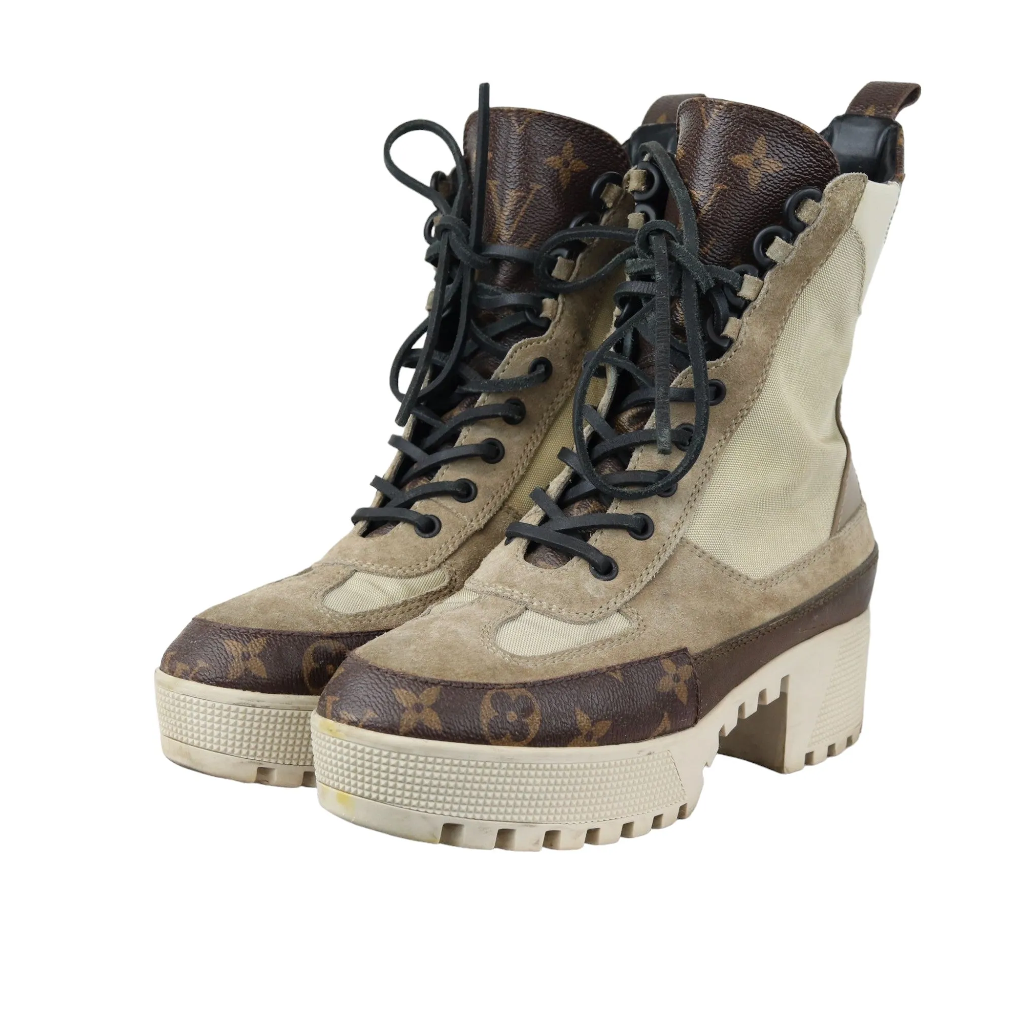 Laureate Platform Desert Boots Suede Calfskin Monogram Beige Size 38