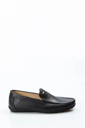 Men's Black Leather Loafers with Subtle Flag Accent - Wessi