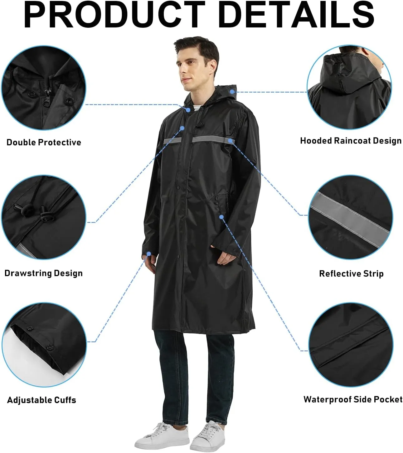 Mens Long Rain Jacket Hooded Rain Poncho Emergency Waterproof Poncho Lightweight Raincoat for Outdoor Activities