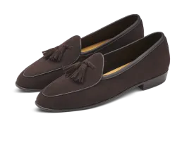 Sagan Classic Tassel Loafers in Lusitanias Dark Brown Asteria Suede with Leather Sole